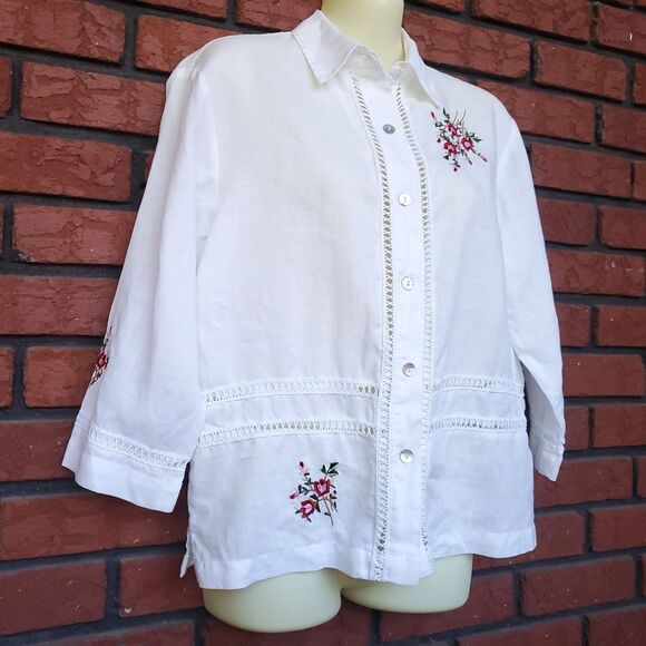 VTG Linen Embroidered Floral Top Sz S White 3/4 Sleeve Cottagecore Lagenlook - Picture 4 of 11